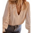 thumbnail image 2 of Long Sleeve Tops for Women Eyelet Scalloped Lace V Neck Blouse Casual Loose Fashion Shirts Apricot Color XL, 2 of 9