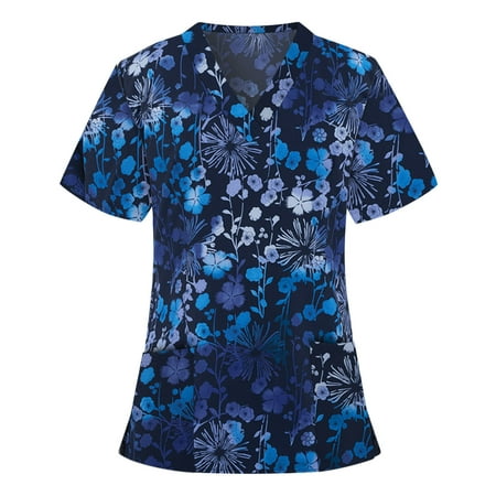

Funicet Summer Savings Clearance! Nursing Uniform Women s Working Uniform Scrubs Top With Two Pockets Floral Printed Short Sleeve V-neck Blouse