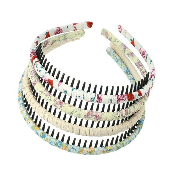 Vocoste 4 Pcs Teeth Comb Floral Pattern Headbands White Purple Yellow Blue Beige