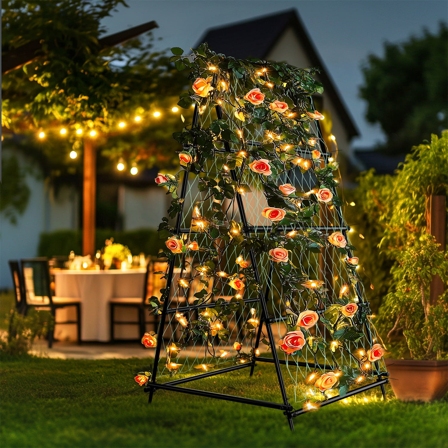 Wisfor Thicker Iron Tall Cucumber Trellis Climbing Plants Garden Trellis Shelf Rack with Nylon Netting, A Frame, 41.34x41.34x69.29 inch
