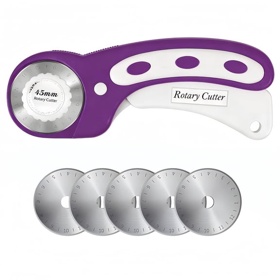 45mm Rotary Cutter for Fabric with 5 Replacement Blades, Ergonomic Safety Fabric Roller Cutter for Leather, Sewing, Quilting & Crafting, Ambidextrous Left/Right Handed Design (Purple)