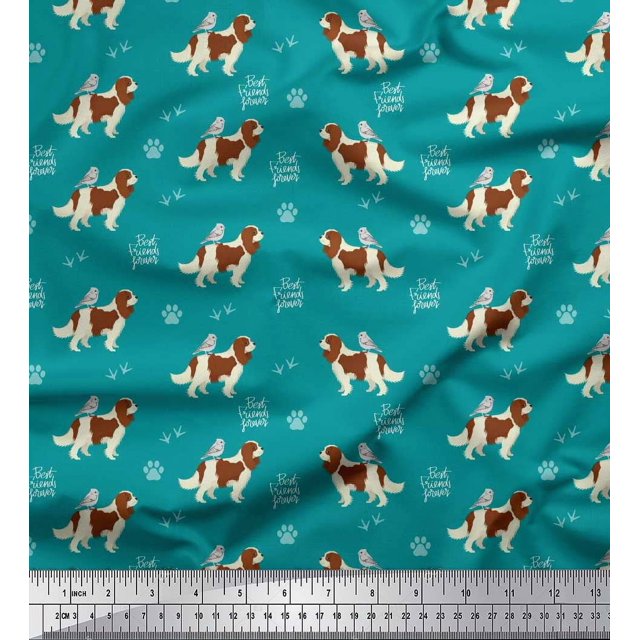 Soimoi Green Rayon Crepe Fabric Bird,Paw & Cocker Spaniel Dog Decor Fabric Printed Yard 46 Inch Wide