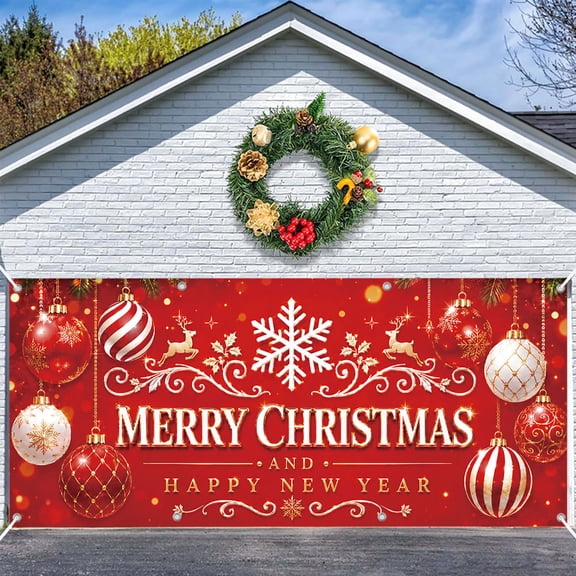 16x7ft Red and White Ornaments Christmas Garage Door Banner for Outdoor