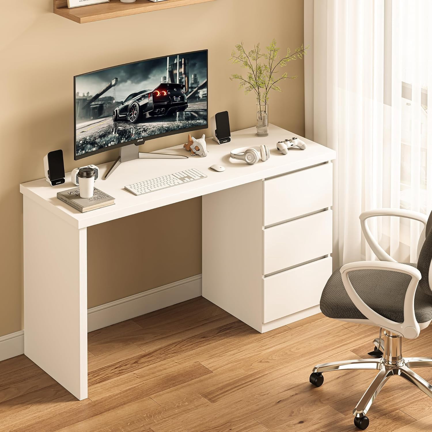 White Desk with Drawers, 55'' W Home Office Computer Desk Gaming Table, Modern Vanity Desk with Storage, Wood Writing Workstation for Bedroom, Living Room, White