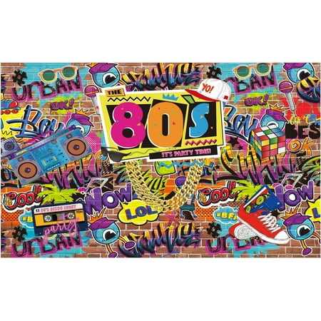 Image of Allenjoy 80s Party Backdrop for Pictures Hip Hop Rock Punk Music Disco Retro Birthday Colorful Graffti Brick Wall Event