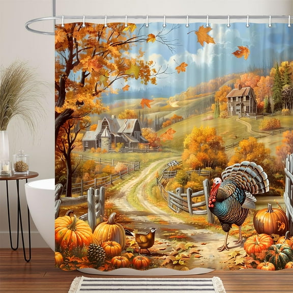 Rustic Fall Shower Curtain, Thanksgiving Pumpkin Harvest Autumn Shower Curtain for Bathroom, Vintage Rustic Farmhouse Turkey Fabric Fall Decorations Shower Curtain Set with 12PCS Hooks, 70X70IN