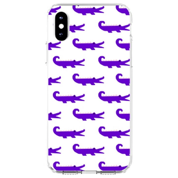 DistinctInk Clear Shockproof Hybrid Case for iPhone X / XS (5.8" Screen) - TPU Bumper, Acrylic Back, Tempered Glass Screen Protector - Purple White Alligators - Cartoon Alligators