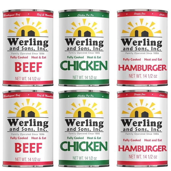 Werling & Sons Canned Meat Variety Pack 14.5 Oz Fully Cooked & Ready to Eat Includes 2 Hamburger, 2 Chicken and 2 Beef Shelf Stable Emergency Canned Food for Long Term Storage, Camping & Quick Meals