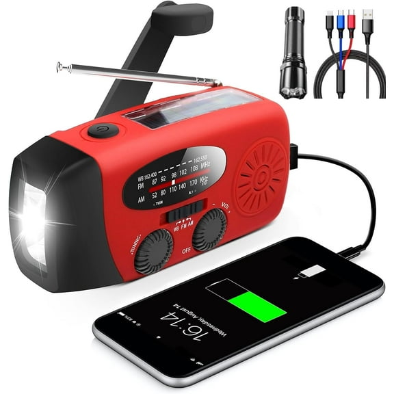 Dedaqian Weather Radio, AM FM WB Hand Crank Emergency Radio, 2000mAh Rechargeable Power Bank for Phone Charger Portable Solar Radio, Weather Alert, Flashlight for Emergency (with Flashlight)