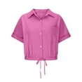 thumbnail image 4 of ZyeKqe Cotton Linen Cropped Shirts for Women Button down Short Sleeve Shirts Drawstring Hem Summer Top, 4 of 6