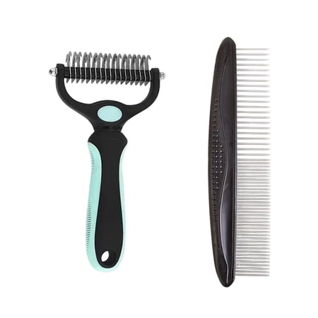 2Pcs Pet Grooming Tool Set Dual-Sided Dematting Rake & Stainless Steel Fine Tooth Comb Kit For Long Haired Dog Cat Shedding Detangling Home Grooming(Green S)