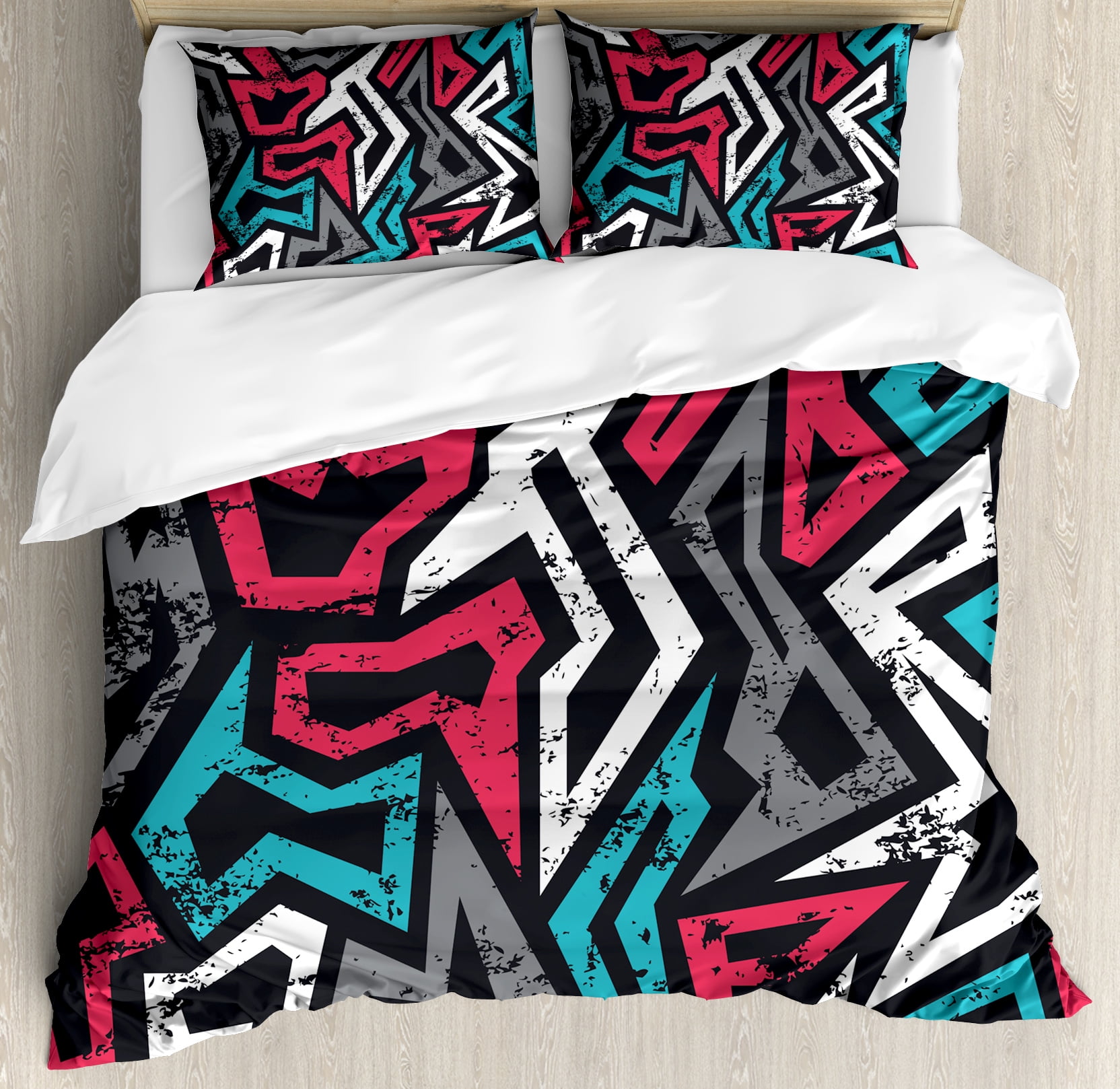 Grunge Duvet Cover Set, Abstract Shapes in Graffiti Art Style Underground Hip Hop Culture Funky