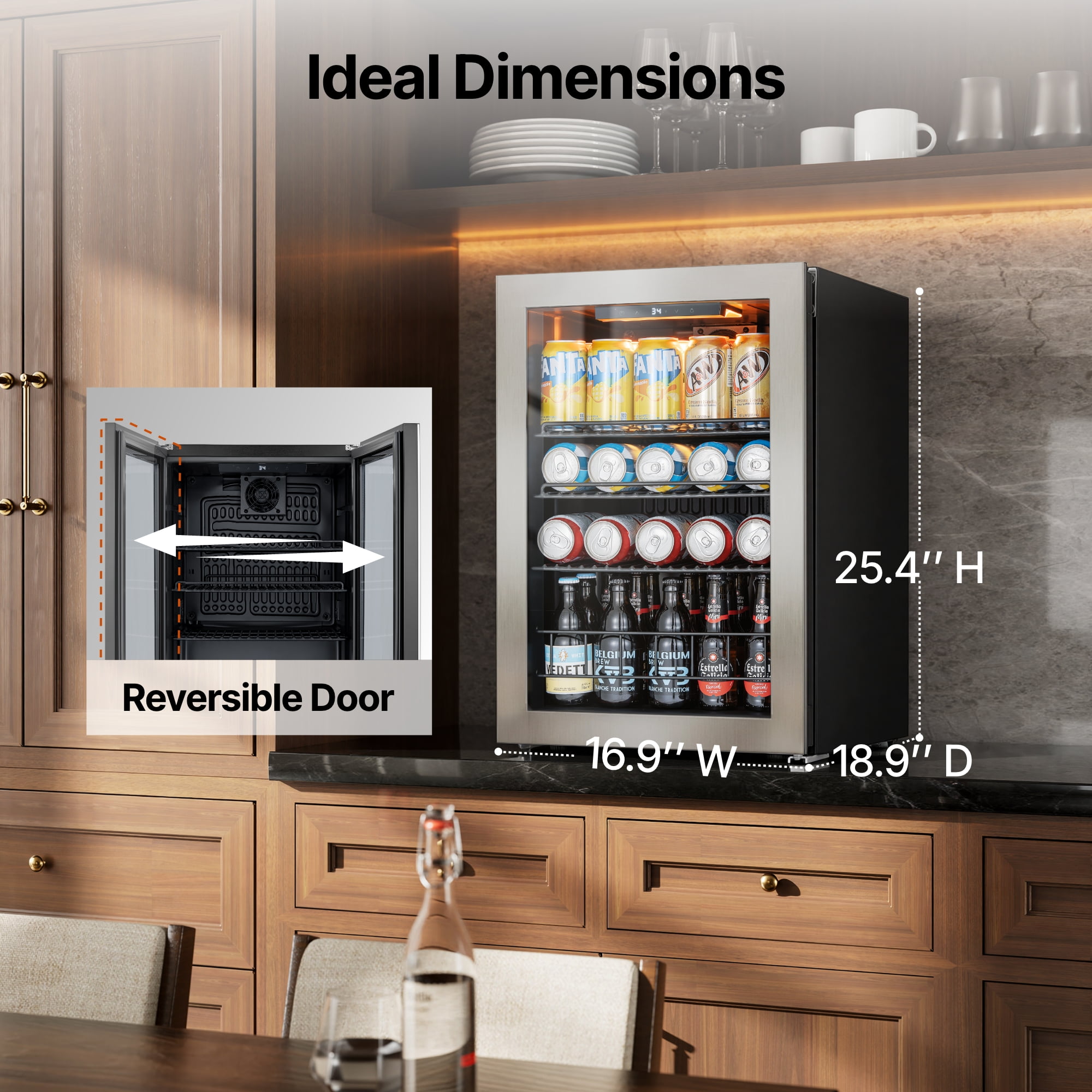 Ca'Lefort Beverage Refrigerator Cooler, 85-95 Can Freestanding Beverage Fridg,Mini fridge with Glass Door for Home/Bar/Office