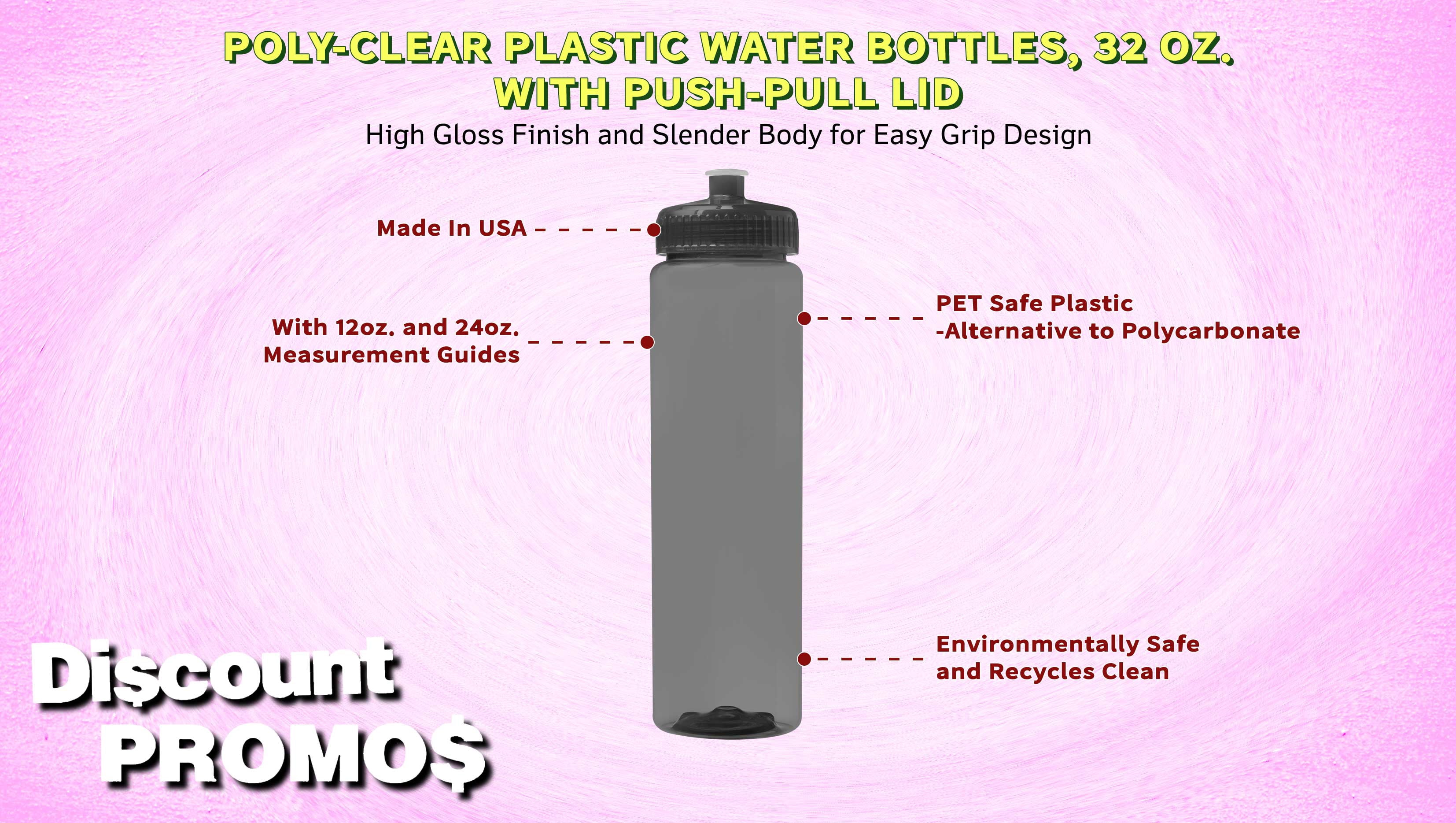 10 Poly-Clear Plastic Water Bottles Set, 32 oz. - Durable, Leak-Resistant, Push-Pull Lids - Trans Smoke