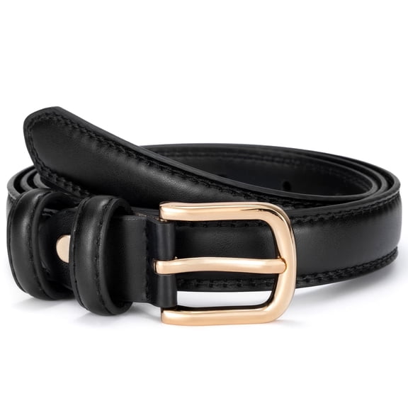 Punplita Women's Black Leather Belt with Gold Buckle for Dresses, Jeans, and Pants