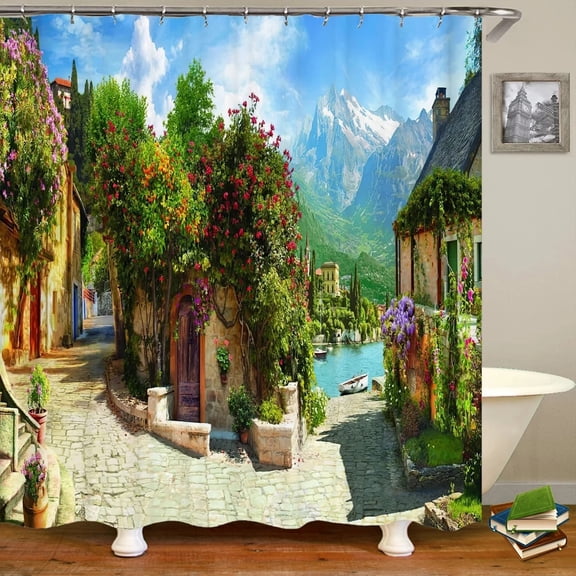 European retro country street 3D landscape printing bathroom shower curtain waterproof polyester bath curtain home decor curtain