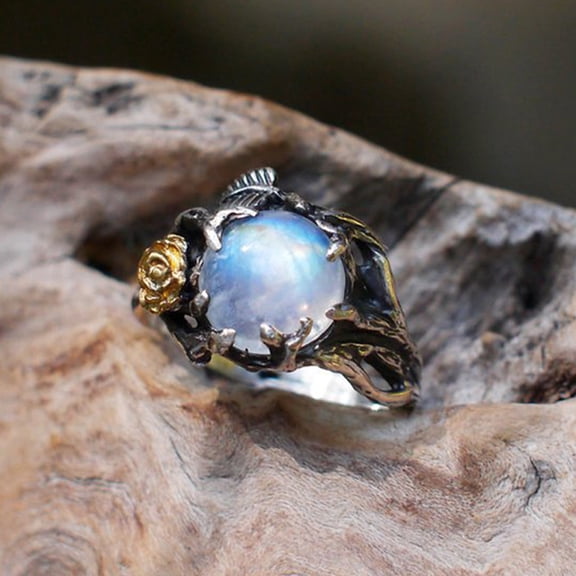 SmartBy Vintage Round Faux Moonstone Inlaid Rose Leaves Women Ring Party Jewelry Decor