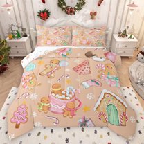 Feelyou Kawaii Gingerbread Man Queen Comforter Set, Christmas Dessert House Bedding Sets, Teens Kids Boys Girls Reversible Bedding Comforter Set, Super Cozy Room Decor, 3pcs