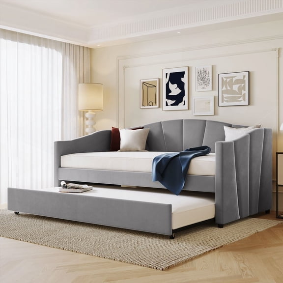 Upholstered Gray Twin Size Daybed Sofa Bed Having Trundle and Wood Slat - No Box Spring Needed