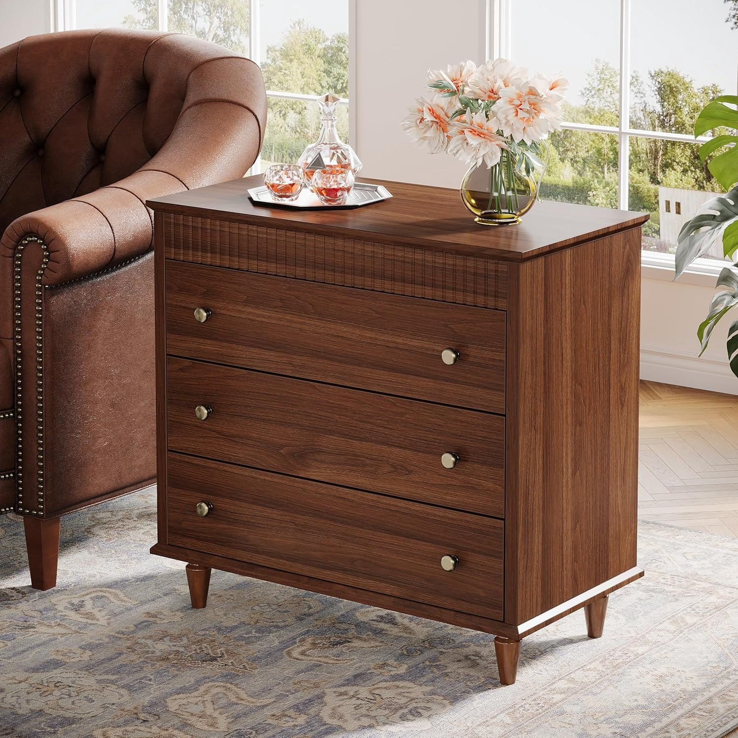 Tribesigns Nightstand with 3 Drawers, 31.5" Oversized Farmhouse Bedside Table for Bedroom and Home, Rustic Brown