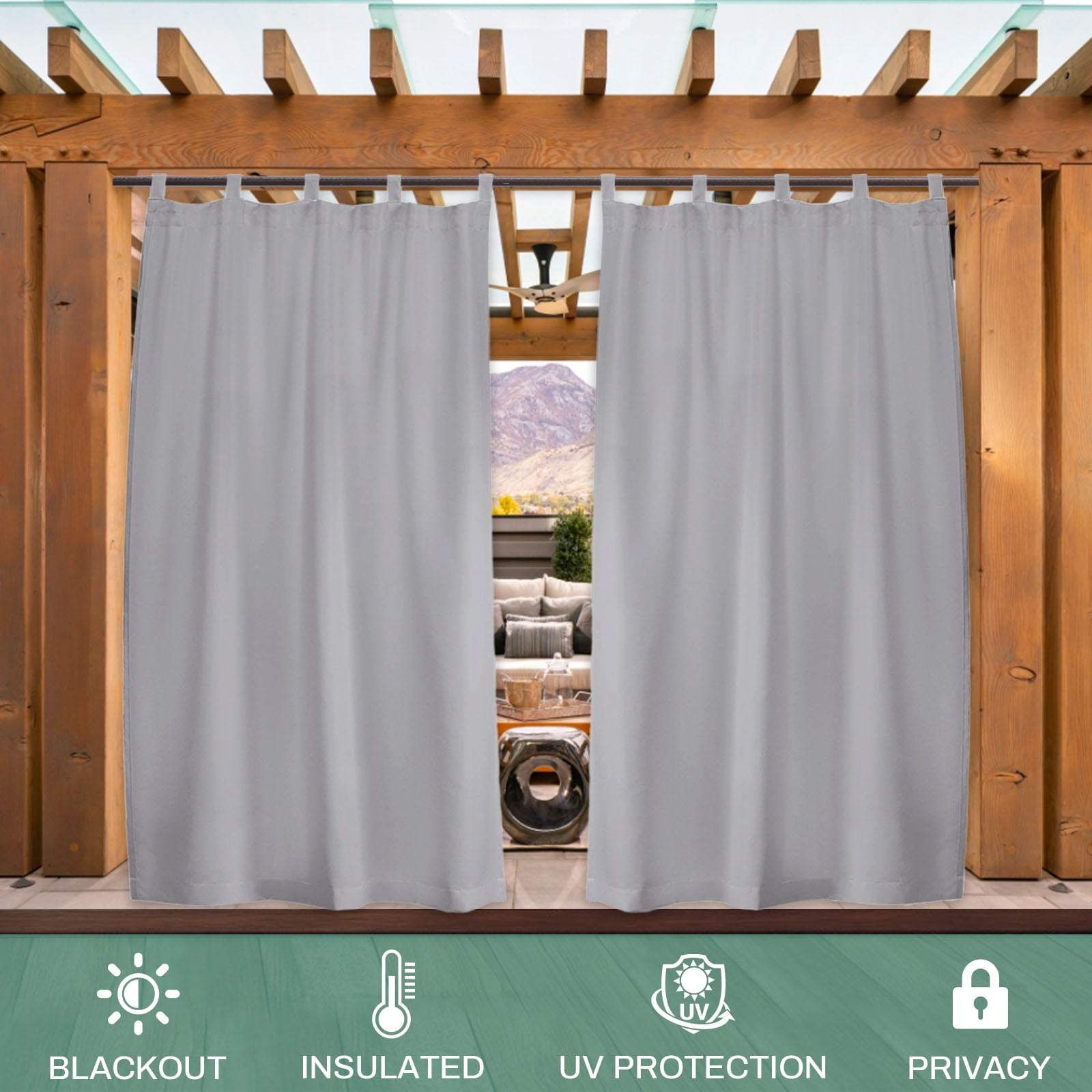 DONGPAI Outdoor Patio Curtains Waterproof 52" x 96" Blackout Tab Top Privacy Thermal Insulated Curtains for Pergola Porch, 1 Panel, Light Gray