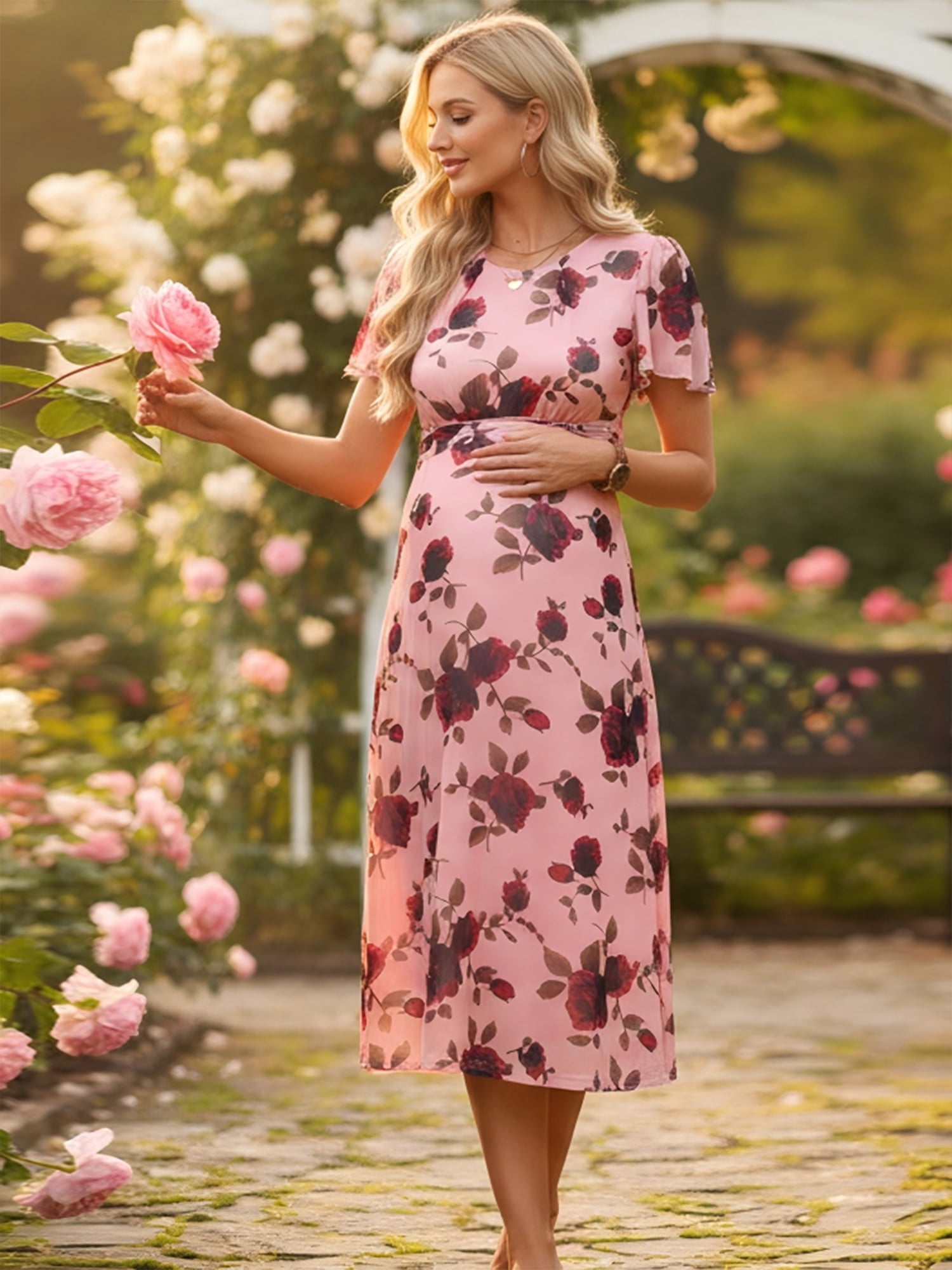 DARING DIVA Women's Maternity Flowy Pregnancy Dress S Pink Dress & Red Rose
