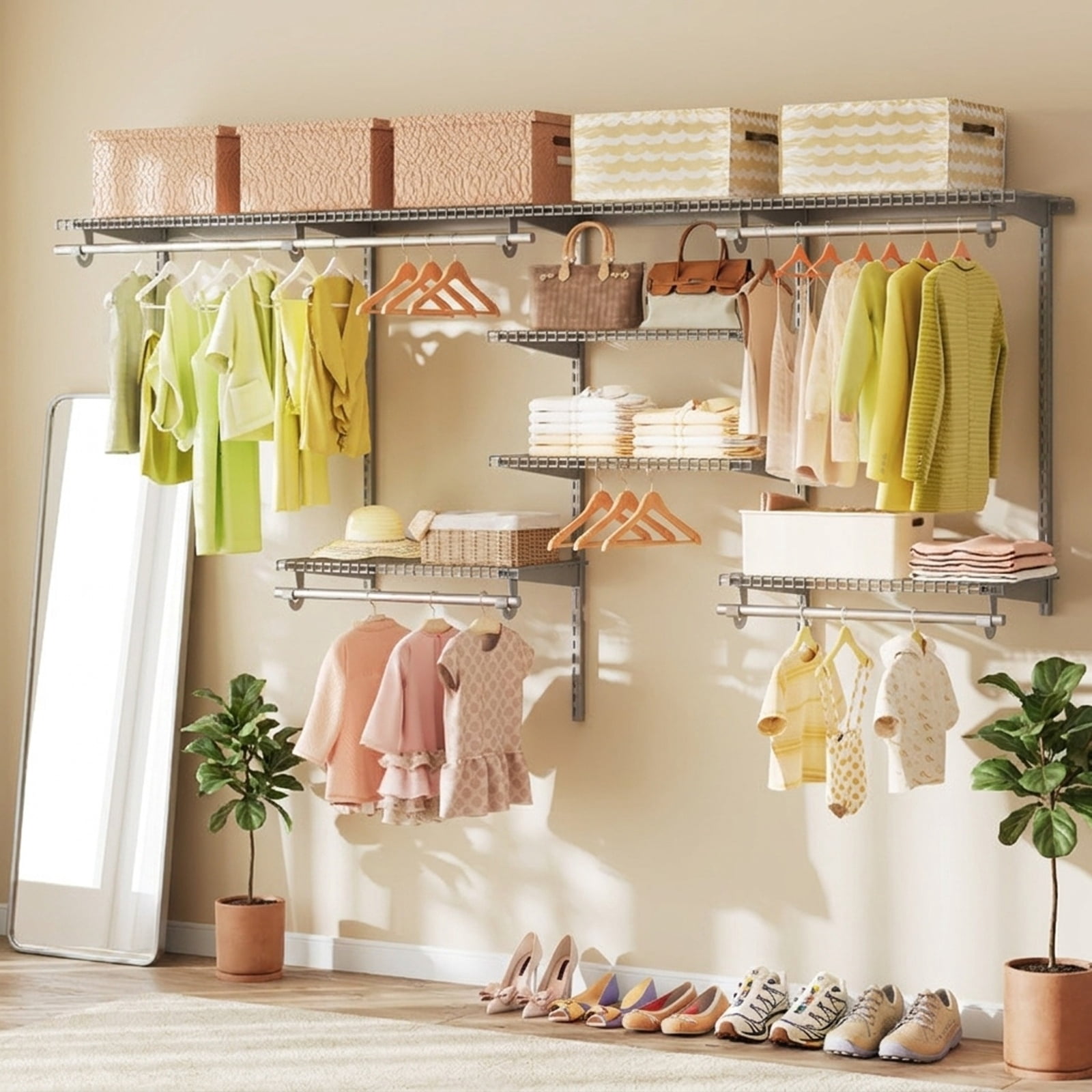 Furnibear Wall Mounted Closet Organizer System with 7 Shelves 5 Hanging Rods and Adjustable Heights for Bedroom and Laundry Storage, Gray