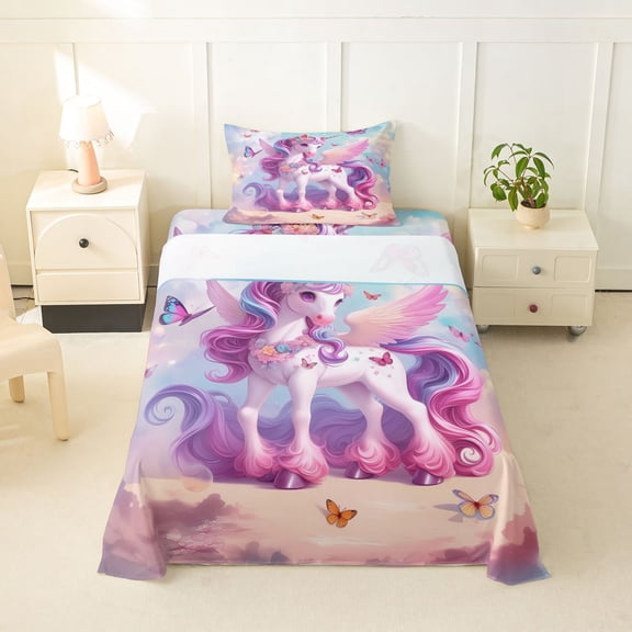 Erosebridal Pink Animal Unicorn Twin Sheet Sets 3pcs For Girls Boys,Kids Flying Butterflies Bedding
