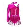 thumbnail image 2 of Sholeno Kids Girls Sequin Latin Dance Tassel Dress Leotard Shiny Asymmetrical Shoulder Fringe Skirted Bodysuit Hot Pink 12, 2 of 6