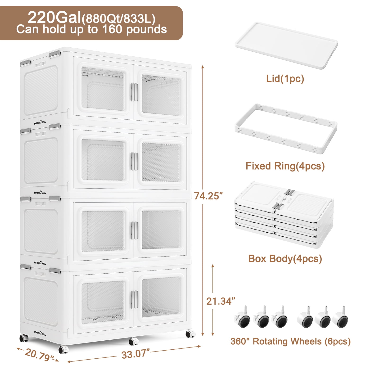 Broview 880QT Stackable Storage Bins with Lids, Extra Large 220Gal Foldable Crates for Family Storage, Kids Sports Gear, Holiday Decor, Space Saving Collapsible Toy, Closet Organizers, 4-Pack 1 lid o