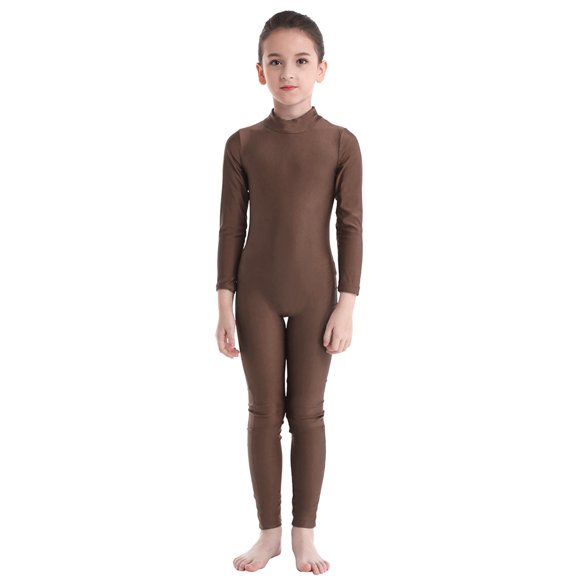 Nyeemya Girls Kids Mock Neck Full Length One Piece Unitard Gymnastics Dance Leotard Jumpsuit Catsuit Brown 5XL