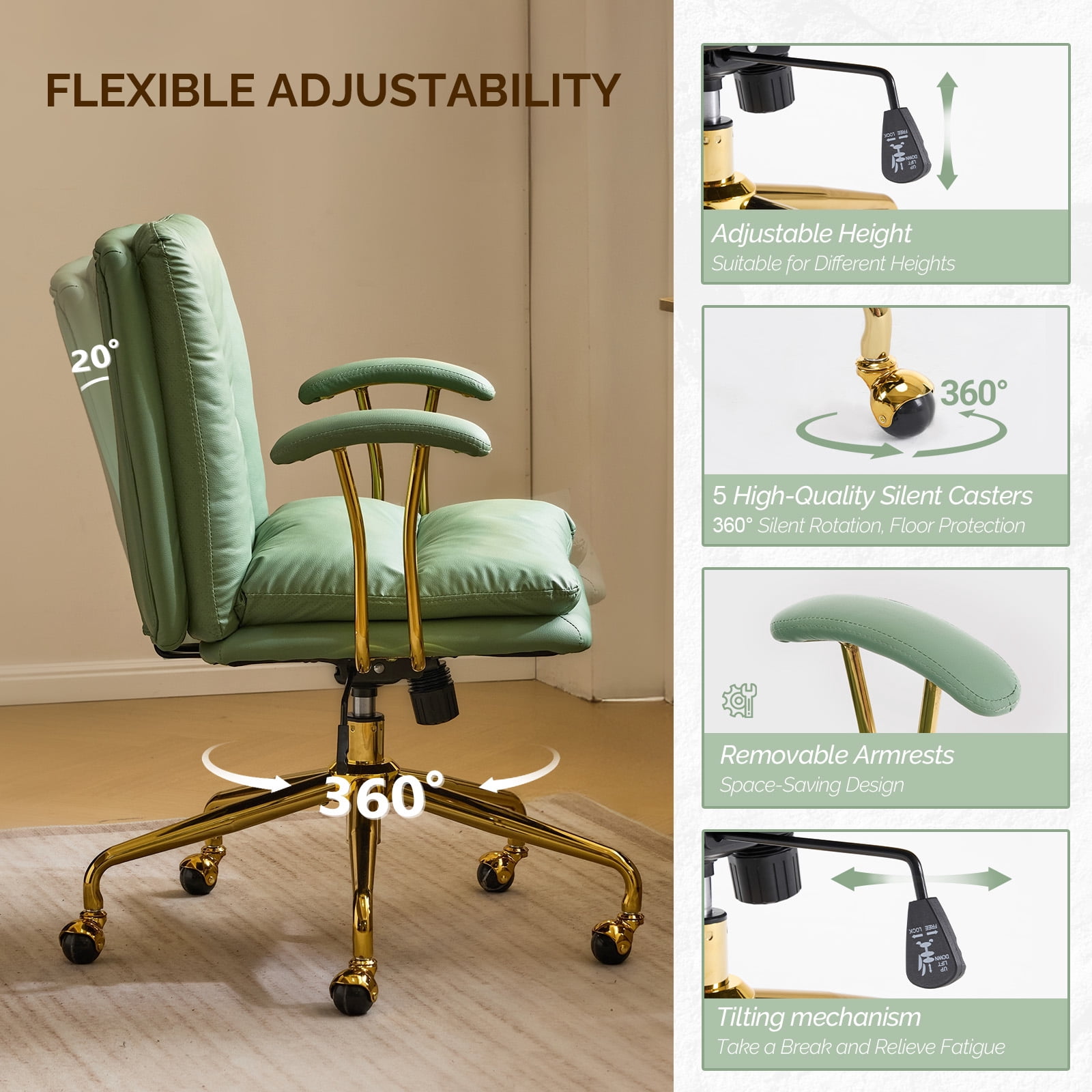 Ktaxon Office Chair High Back Study Chair Faux Leather Adjustable Swivel Vanity Chair with Padded Armrests for Conference and Home Green