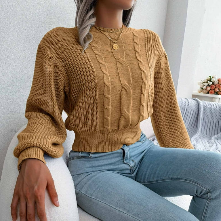 REORIAFEE Sweaters for Women Clearance Round Neck Long Sleeve Loose Sweater  Autumn Blouse Tops Yellow M 