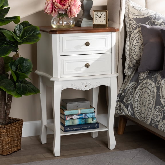 Baxton Studio Darla Classic and Traditional French White and Cherry Brown Finished Wood 2-Drawer End Table