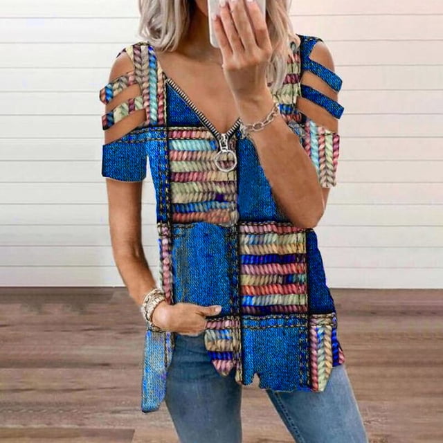 DPTALR T-Shirt Femme à Imprimé Ajouré Col en V Manches Courtes Blouse Décontractée