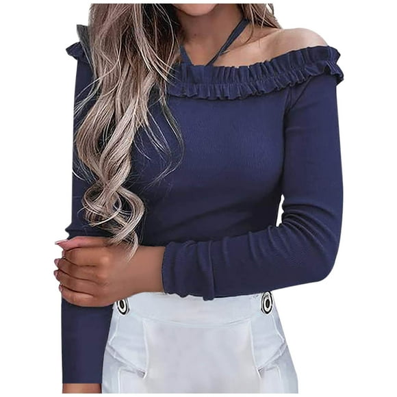 Women's Long Sleeve Ribbed Knit Top Spaghetti Halter Off The Shoulder Shirt Solid Color Slim Fitted Tee Shirt Blouse