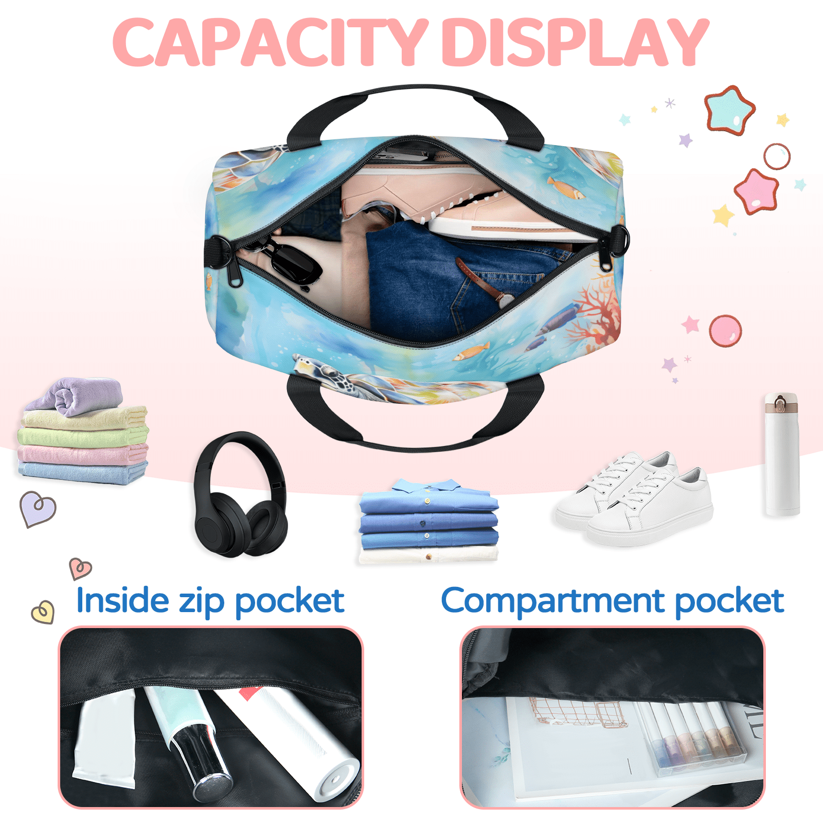 Herdesigns Sea Turtle Theme Travel Duffle Bag Sports Yoga Weekender Overnight Carry on Workout Bags Lightweight Waterproof Gym Tote Bag for Women