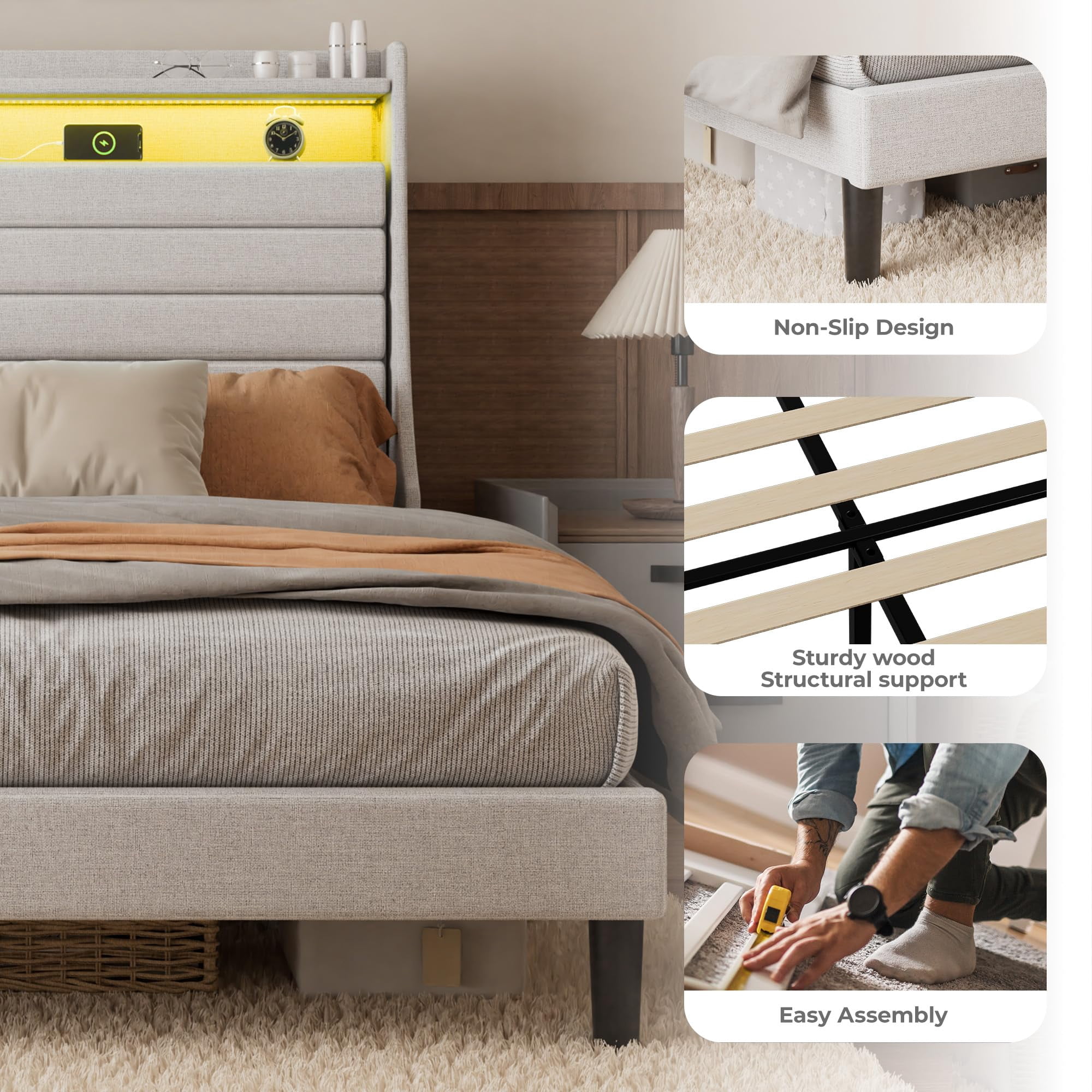 Towallmark Queen Size Bed Frame with LED Light & Power Outlet Upholstered Headboard,Bed Platform with Charging Station and 2-Tier Storage,Easy Assembly Wooden Slat Support,Beige