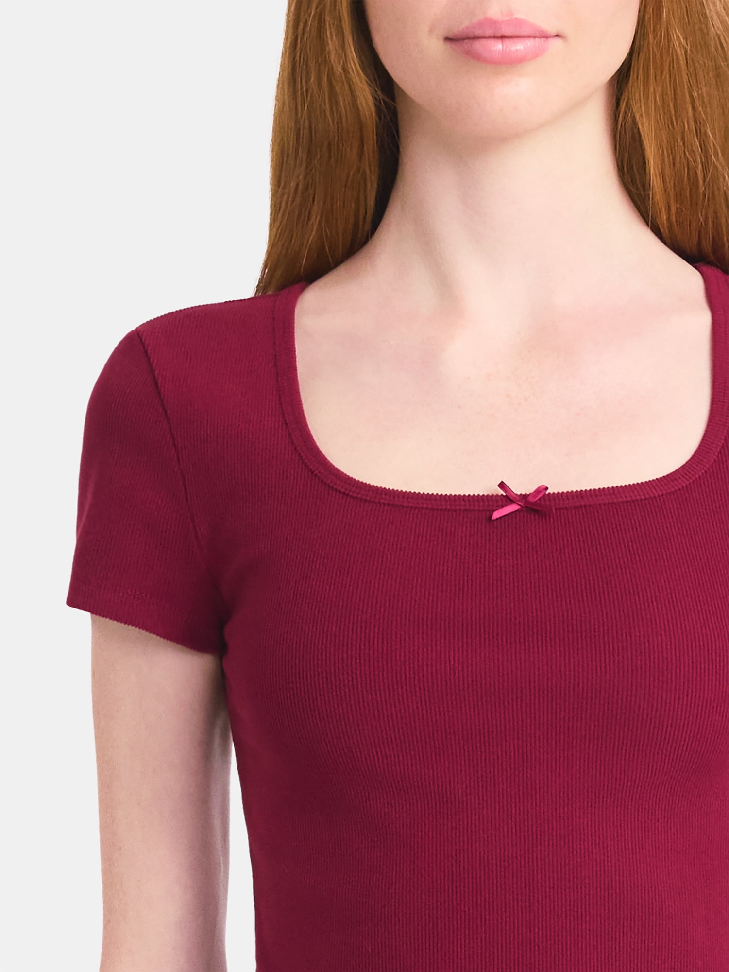 No Boundaries Square Neck Tee with Satin Bow, Women's