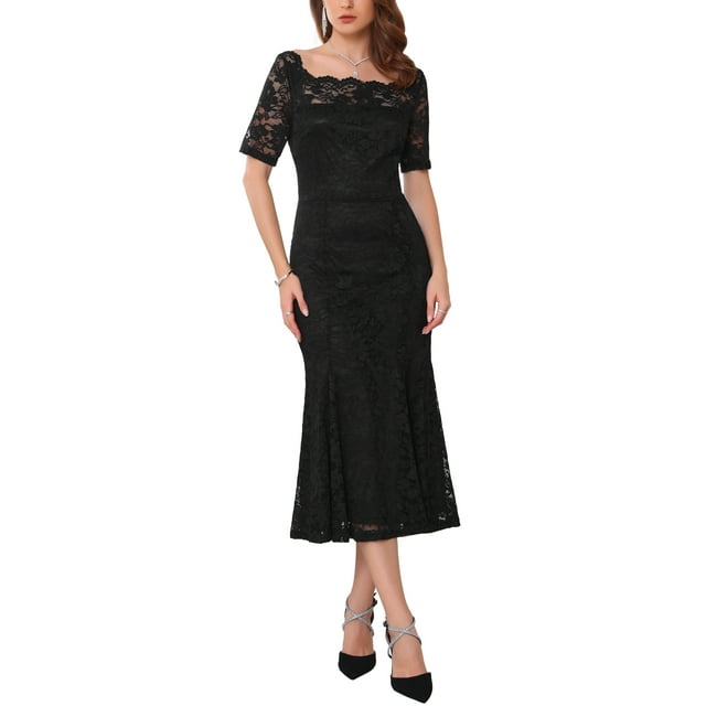 INSPIRE CHIC Vestido de Cóctel para Mujer con Encaje y Dobladillo de Cola de Pez, Manga Corta, Ajustado, Midi, Negro, XL