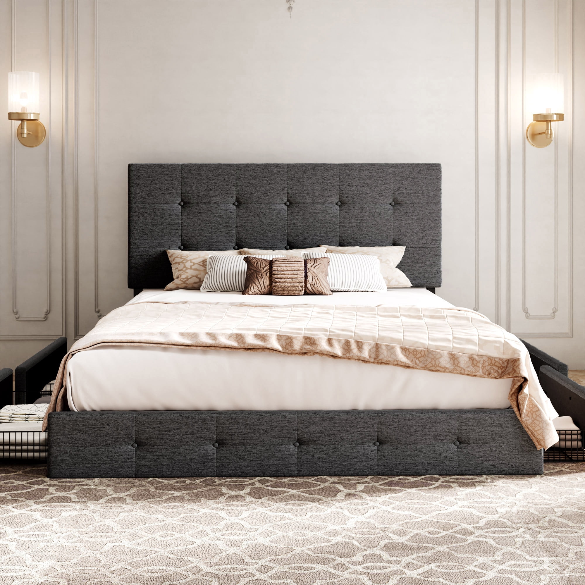 Sifurni Queen Size Upholstered Platform Bed Frame with 4 Drawers Storage and Square Stitched Button Tufted Headboard, Dark Grey