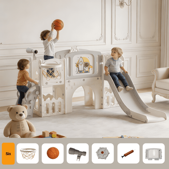 5-in-1 Toddler Slide Set with Basketball Hoop & Drawing Board, Indoor Outdoor Slide for Toddlers,GREY WHITE