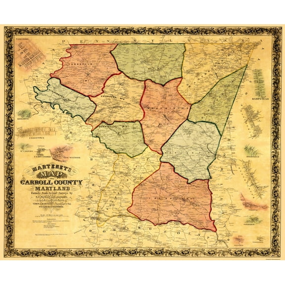 Historic County Map - Carroll County Maryland - Martenet 1862 - 27.75 x 23 - Vintage Wall Art