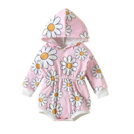 

Baby Girls Boys Floral Printing Hooded Romper Long Sleeve Button Sweatshirt Jumpsuits Soft Breathable Cotton Autumn Spring Thicken Warm Onesie One Piece Bodysuit Climbing Clothes 0-18 Months