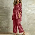 thumbnail image 4 of Two Piece Sets for Women Summer Ndbuld Women’s Fashion Pinstripe V- Neck Short Sleeve Elastic Waist Pocket Long Pants Sets Red XL, 4 of 5