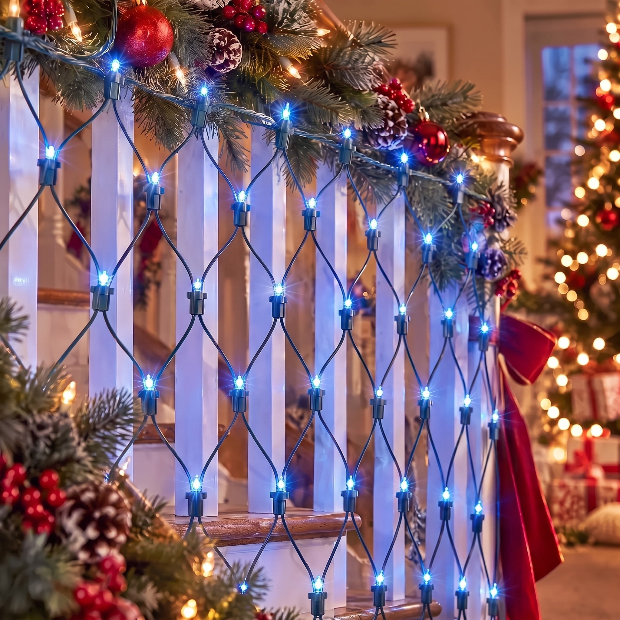 Indoor/Outdoor 160-Count LED 8-Function Sync Christmas Net Lights, Blue, Green Wire, 6' x 4', by Holiday Time