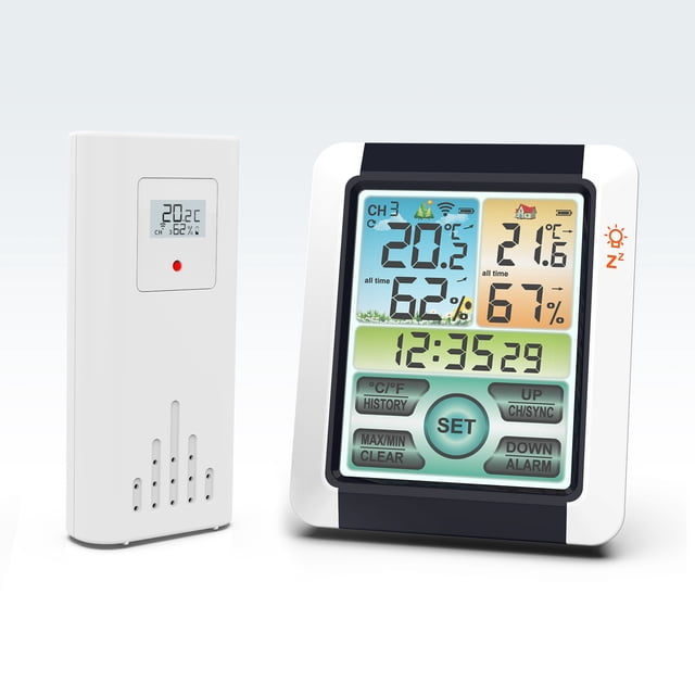 Mistaha Colorful Touch Screen Indoor Outdoor Thermohygrometer with Backlight, Time Display, Alarm Clock, Snooze Function, Temperature Humidity History Data, Desk Multifunctional Meter, ℃/℉ Switch,