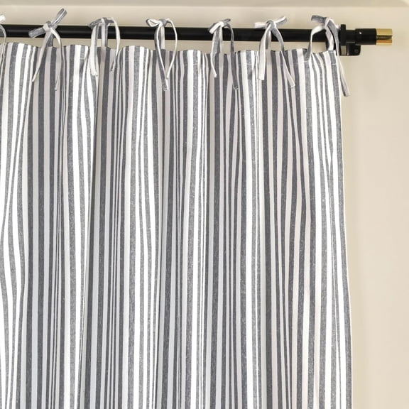 Gauze Striped Curtains,Boho Linen Tie Top Hanging Curtains Light Filtering Door Window Treatment 2 Panel Curtain Drapes for Living Room Bedroom Grey on White (96''x42'' Each Panel)