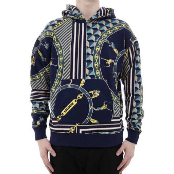 Lacoste Live Scarf Print Mens Active Hoodies Size L, Color: Navy/Beige/Yellow
