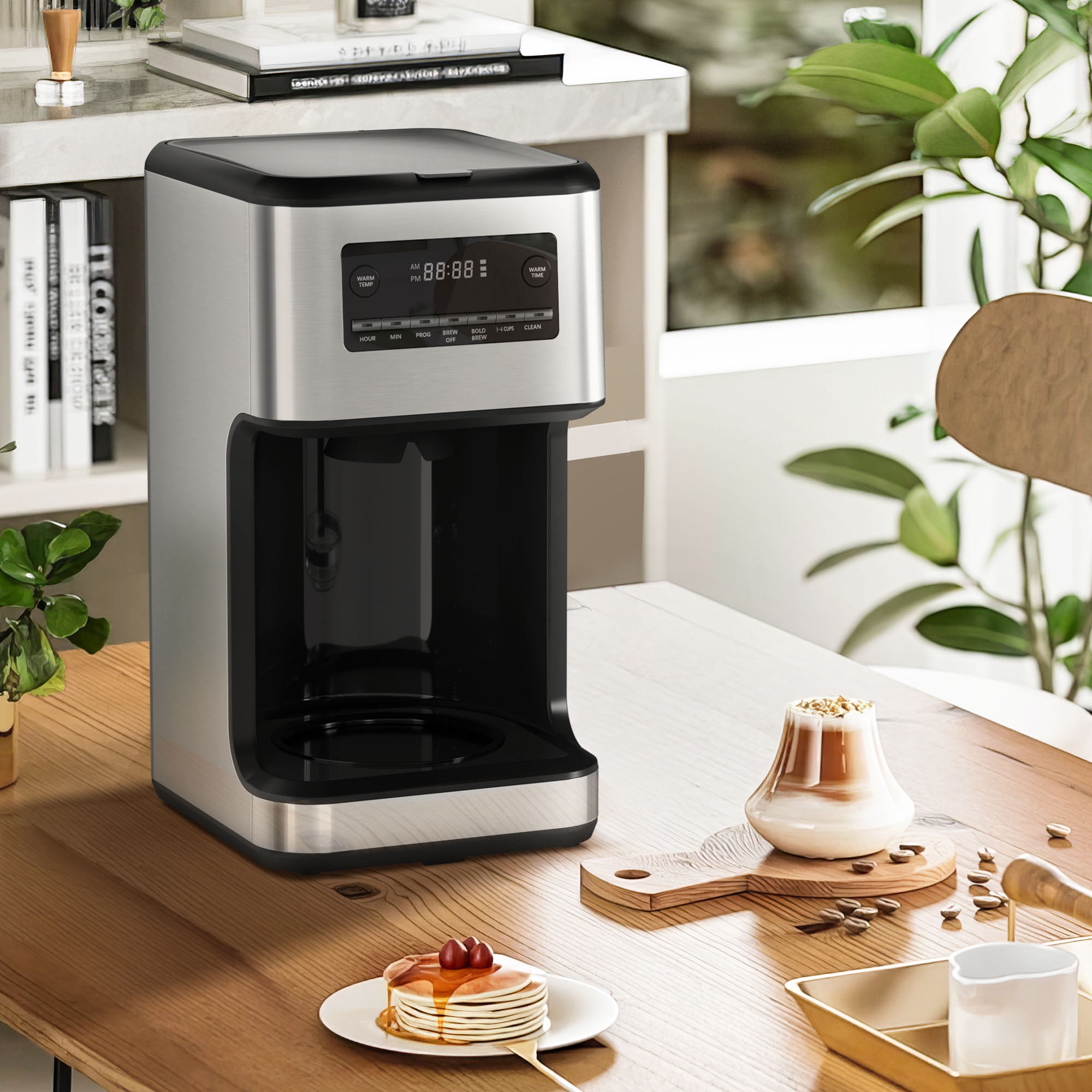 Auseo 14-Cup Programmable Drip Coffee Maker,  Tea maker - 24Hr Brew Scheduling, Bold Brew & Self-Cleaning, 1050W Fast Brewing w/Large Glass Carafe & Reusable Filter for Home/Office (Stainless Steel)